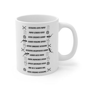 Big Bang Theory Mug, Rock Paper Scissors Lizard Spock, White Ceramic